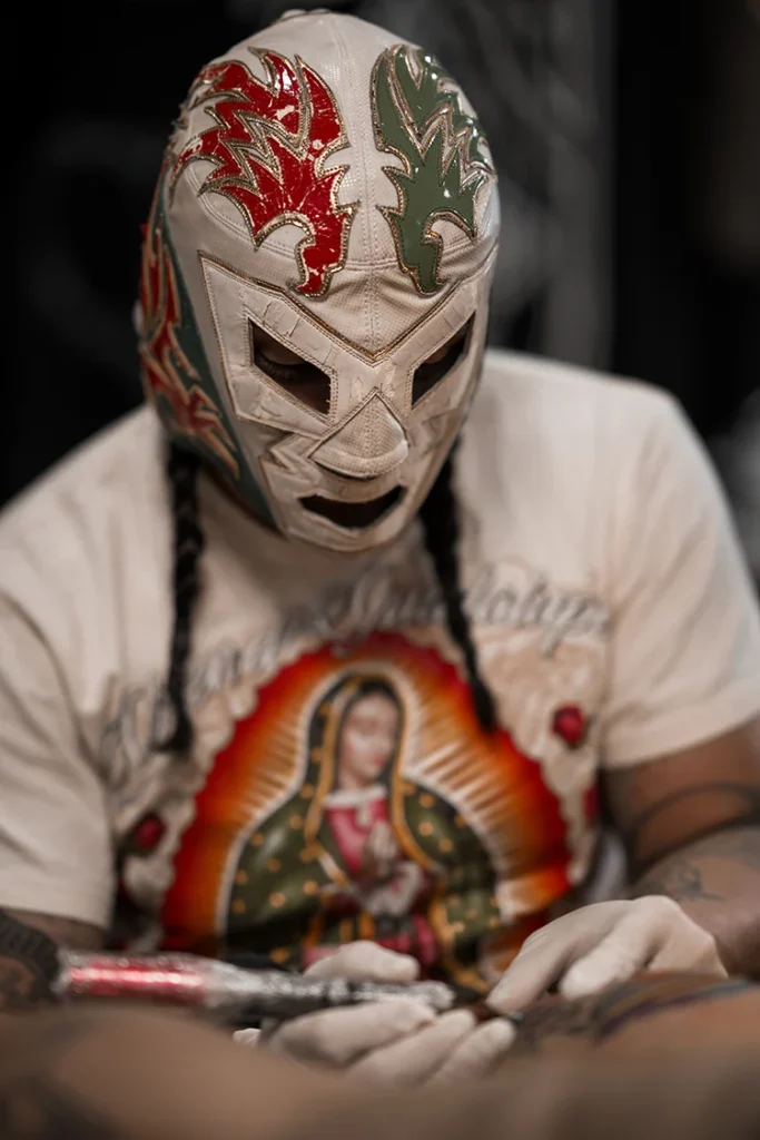 Tattooer JR Reynoso in Salt Lake City, mexican luchalibre mask